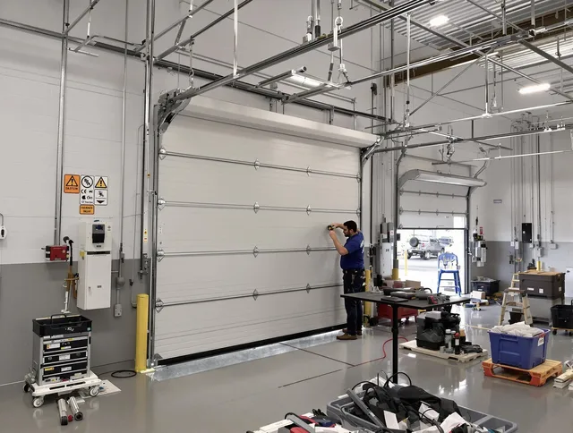 Commercial garage door repair being performed by North Castle Garage Door Repair expert in North Castle