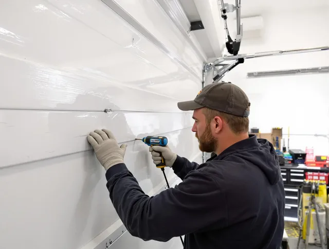 North Castle Garage Door Repair technician demonstrating precision dent removal techniques on a North Castle garage door
