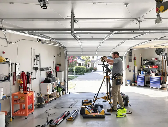 North Castle Garage Door Repair specialist performing laser-guided track alignment in North Castle